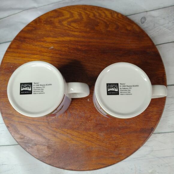 Set of 2 Vintage Warren Kimble 1998 Barns Mugs by Sakura Red Barn Blue Sky - Picture 7 of 9